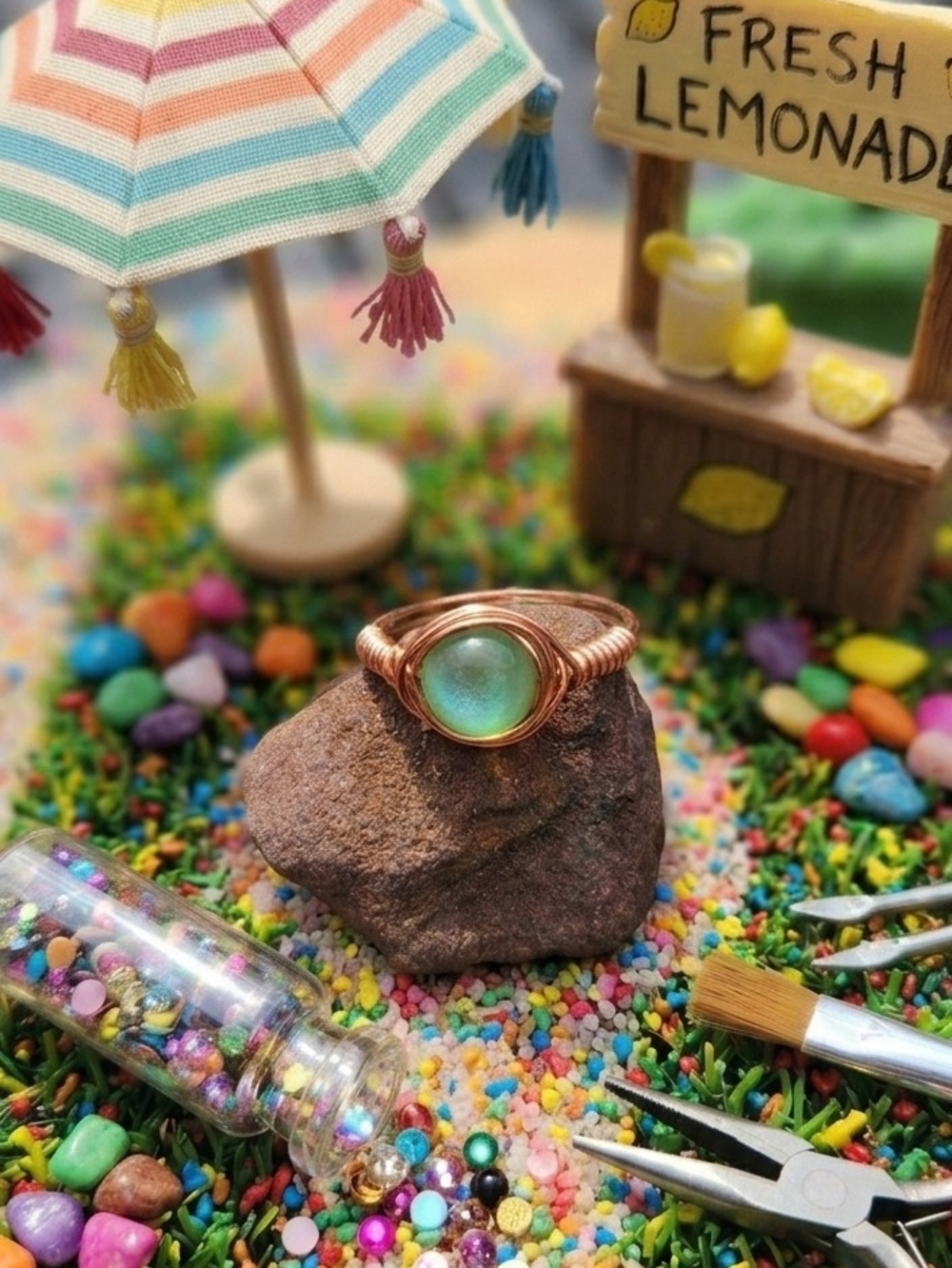 Handmade Copper Wire Wrapped Ring With Sun Reactivate Cats Eye Resin Bead